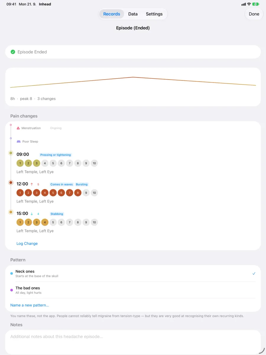 Inhead on iPad: an episode's detail, with its pain curve, the changes in pain through the day, and the pattern you named for it