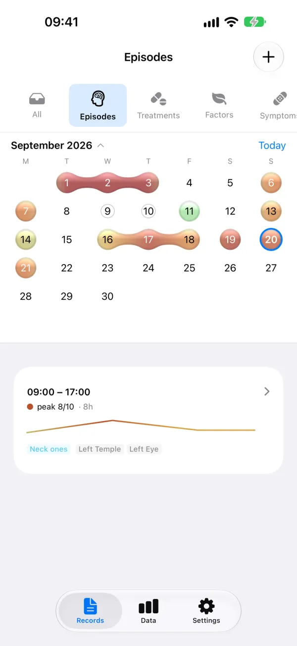 Inhead on iPhone: the month view, with headache days drawn as soft colour blobs and the day's episodes listed below